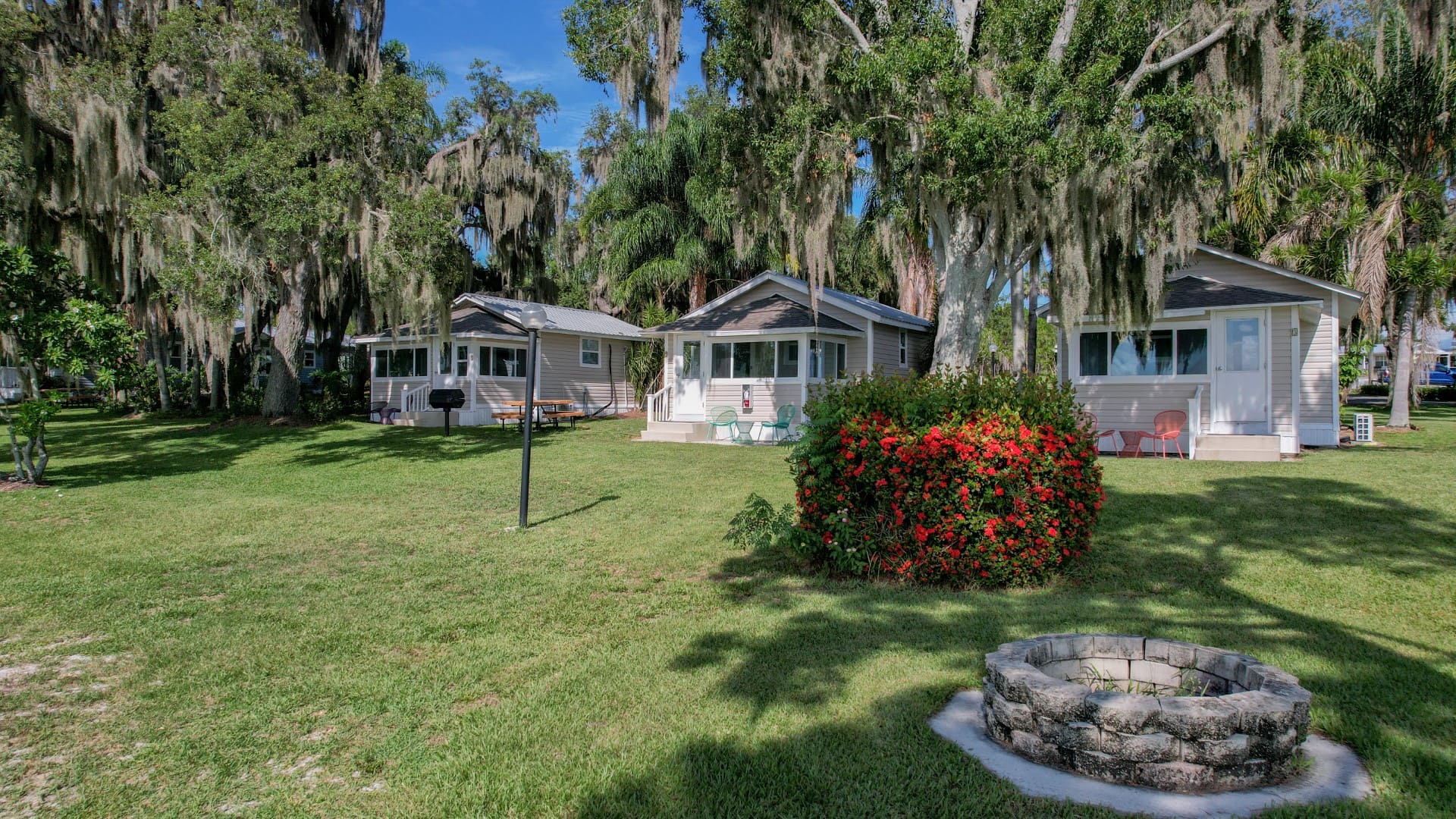 Aerial view of the three waterside cottages
